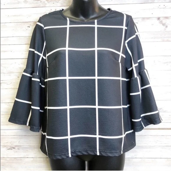 3 for $10 🛍️ SHEIN Grid Design Quarter Sleeve Ruffle Flowy Blouse - Picture 1 of 7